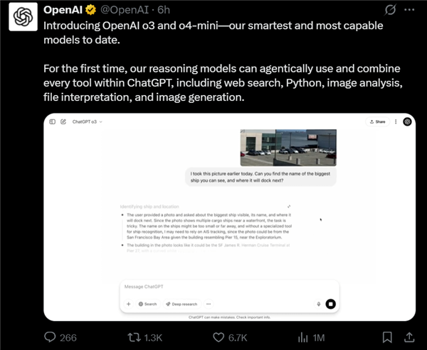 首次实现图像思考 OpenAI重磅发布o3/o4-mini：史上最强、最智能模型
